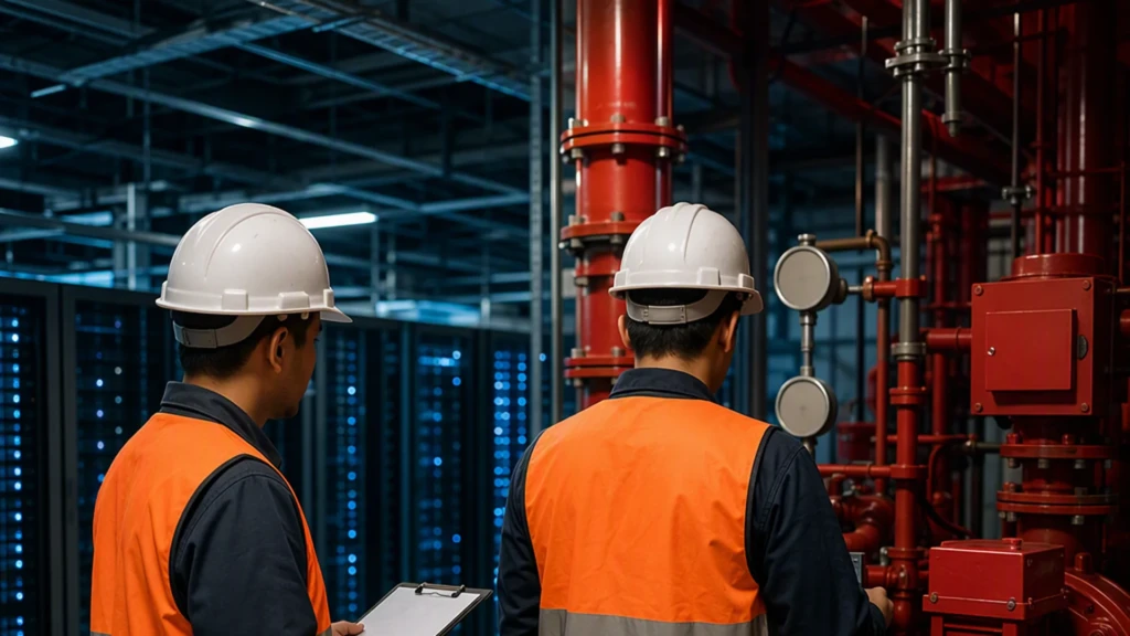 Dua teknisi memeriksa sistem pompa hydrant redundansi N+1 di ruang data center