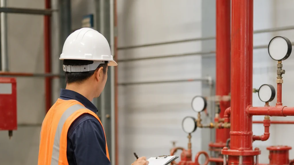 Teknisi mencatat pembacaan pressure gauge saat menghitung head total pompa hydrant